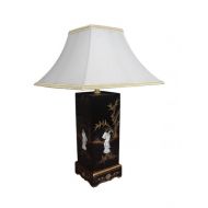 Black Lacquer Square Lamp with Mother of Pearl, Cream Shade