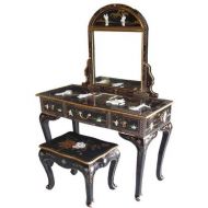 Black Lacquer Mother of Pearl Dressing Table With Mirror & Stool