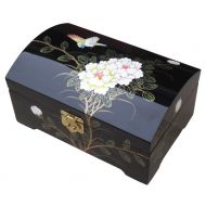 Black Lacquer Jewellery Box with Chinese Lock, Bird & Flower