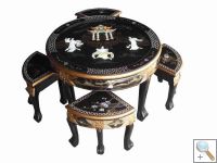 Black Lacquer Mother of Pearl Round Coffee Table With 4 Stools & Glass