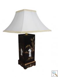 Black Lacquer Square Lamp with Mother of Pearl, Cream Shade